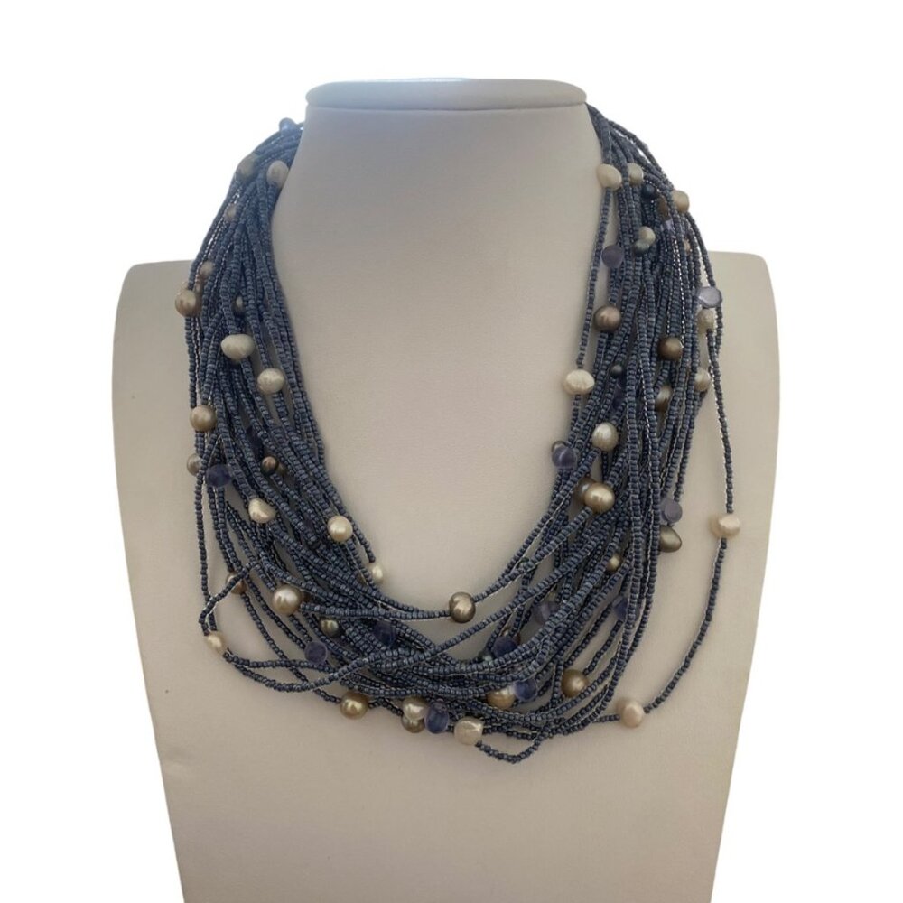 Vintage Tanner Chucnky multistrand necklace with freshwater pearls blue Iconic - Picture 2 of 16